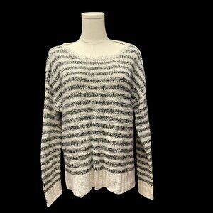 Black/White Striped Cable Knit Pullover Sweater